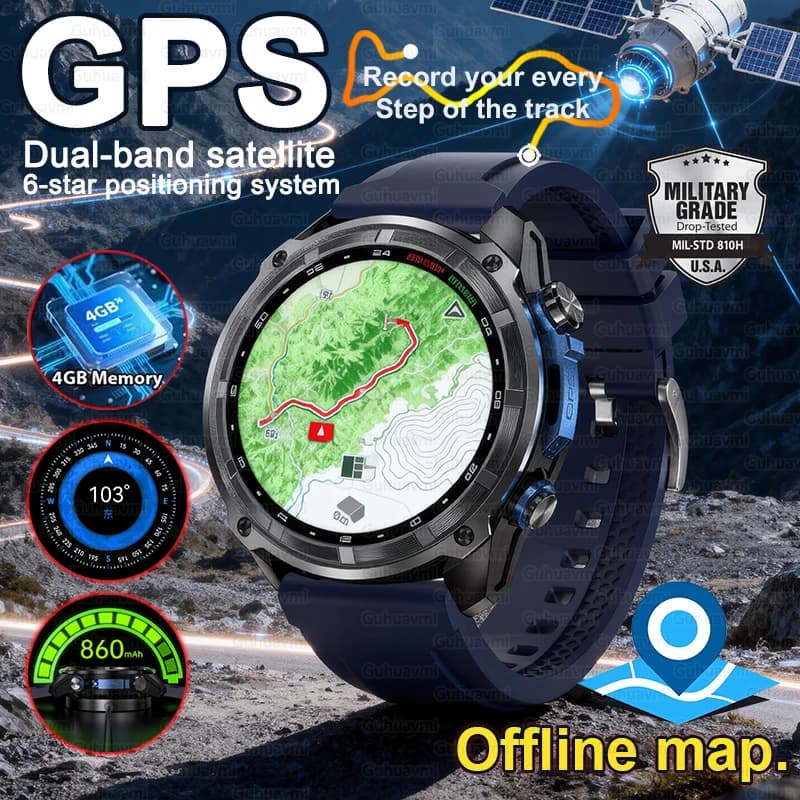 New GPS smartwatch with 4 GB memory for man 50 m waterproof swim sporty bracelet 860 mAh 170 battery + Sports clock with offline map
