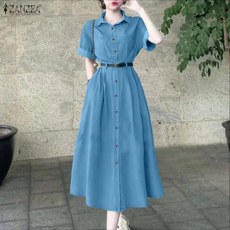 ZANZEA 2026 Primavera Denim Blu Vestito Delle Donne Alla Moda Camicia Abito Elegante Risvolto Manica 3/4 Lavoro Vestito Estivo Solido Robe Bottoni Abiti