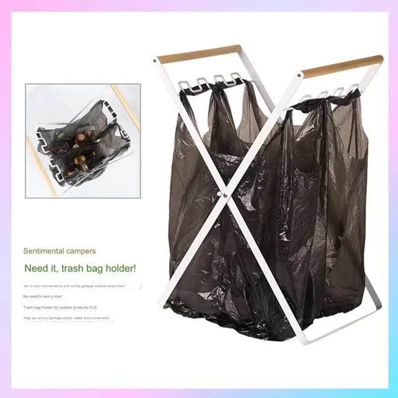 N85R-Porta sacchetti della spazzatura con manico in legno Cremagliera per smistamento rifiuti da cucina portatile Bidone dei rifiuti per il riciclaggio separato per il campeggio