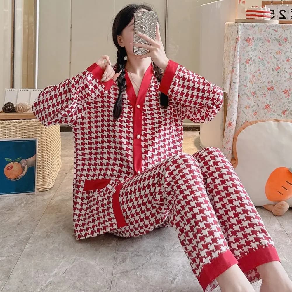 Fashion V-neck Grid Pajamas Women Loose Homewear Leopard Sleepwear Set Casual Spring Autumn Long Sleeves Pajamas Girl