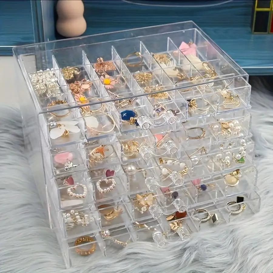 5-Layer 120-Compartment Acrylic Jewelry Storage Box, Drawer Style Jewelry Organizer for Rings Earrings Necklaces, Clear Display Case with Lid, Vanity Desk Organizer