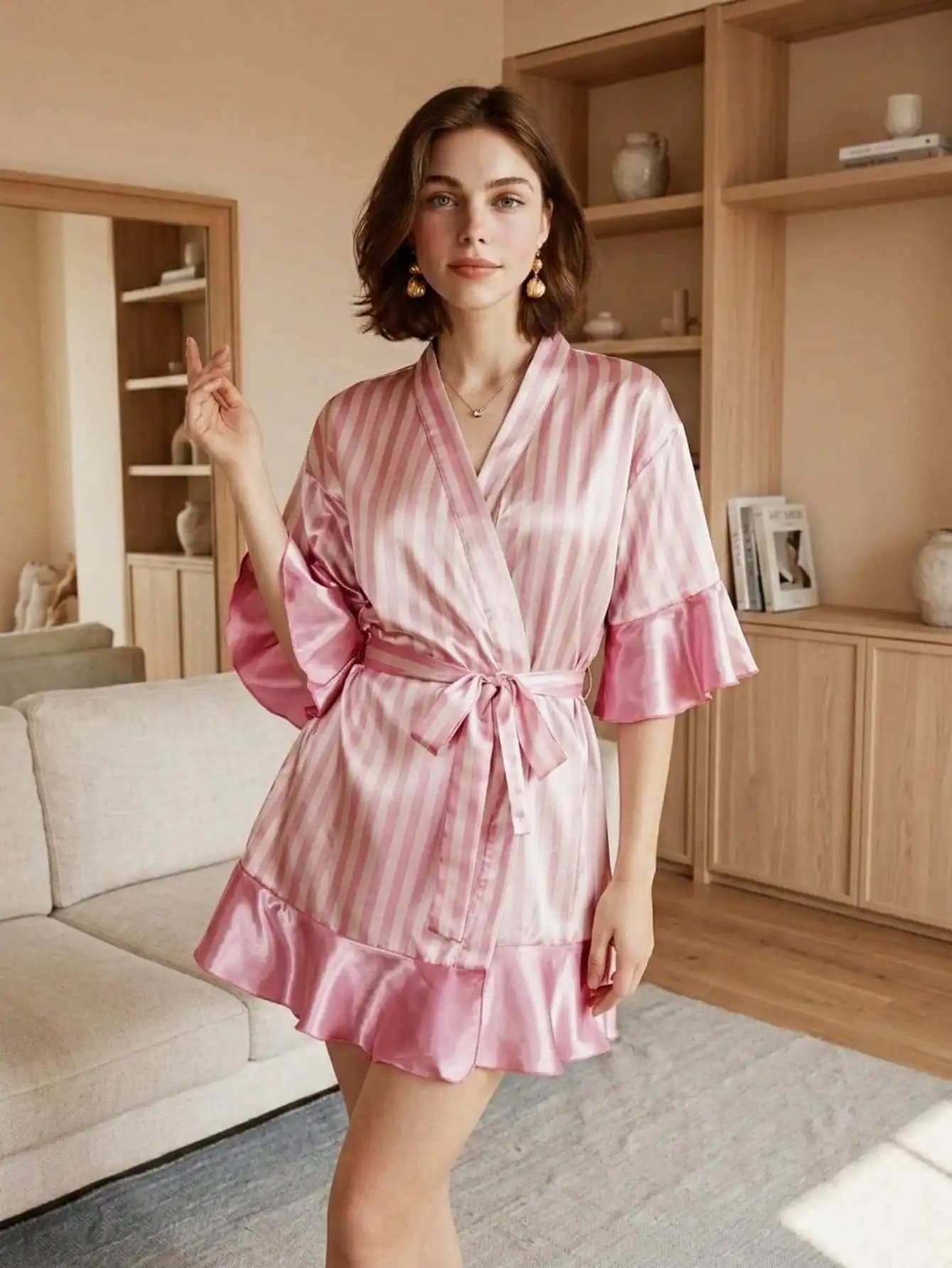 Accappatoio da donna a righe rosa e bianche, stile con volant e laccetti, accappatoio aderente di media lunghezza, comodo abbigliamento per il tempo libero, adatto per il bagno e la casa.