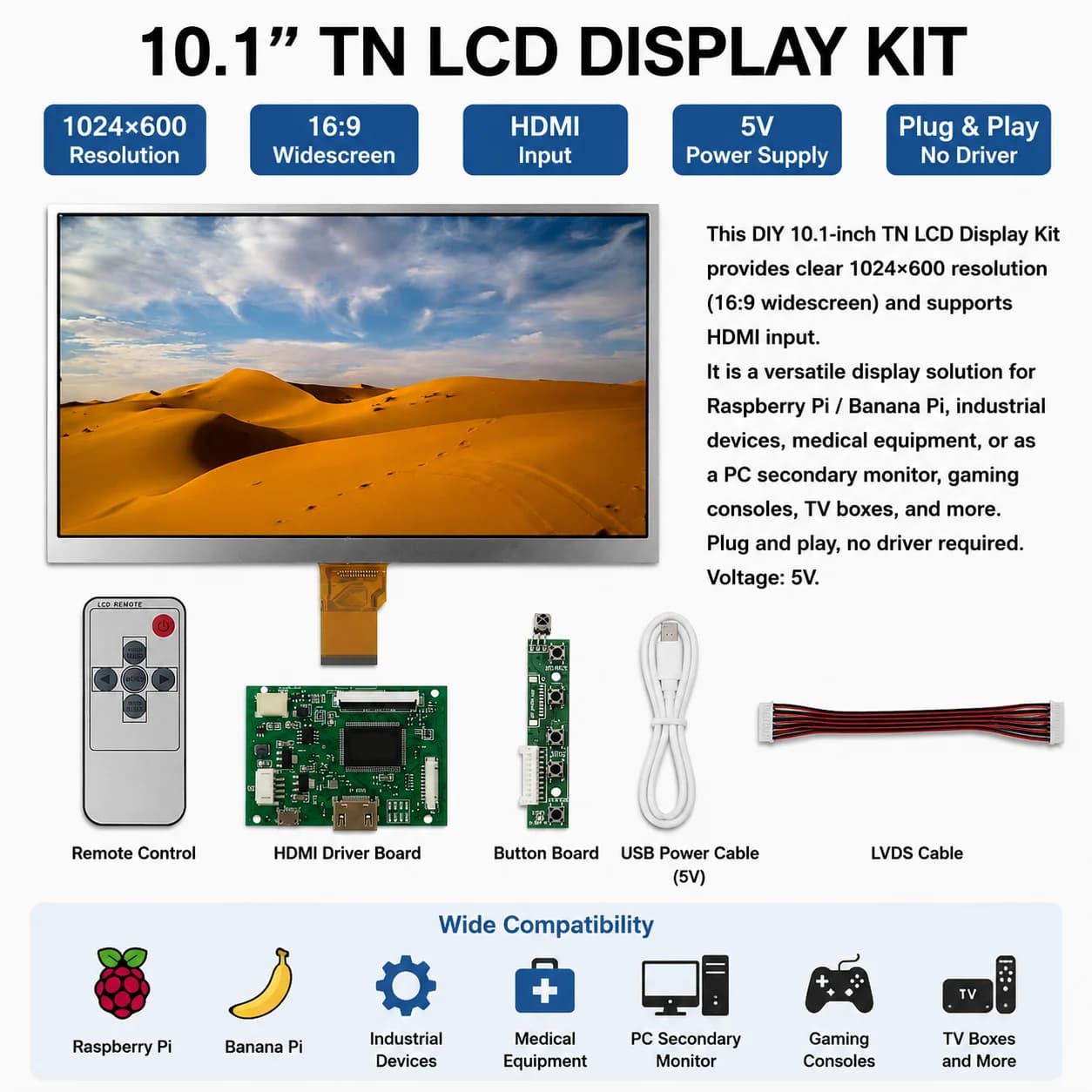 Kit Scheda di Controllo per Display LCD Compatibile HDMI da 10,1 Pollici per Raspberry Pi 1,2,3,4, Schermo Monitor Assistito da Computer