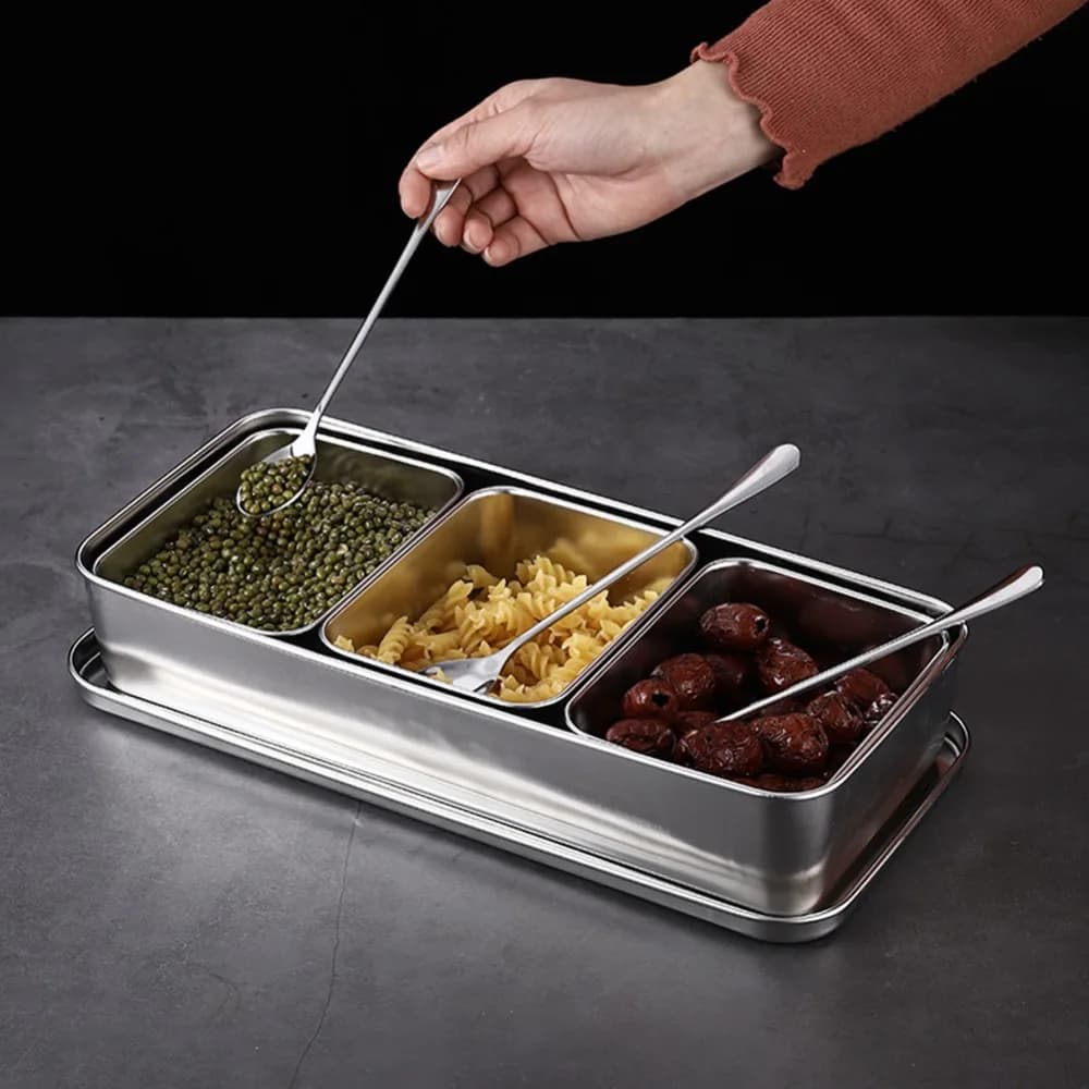 Stainless Steel Stainless Steel Seasoning Box 3 Compartment With Spoons Spice Container Set With Lids Condiment Container Box