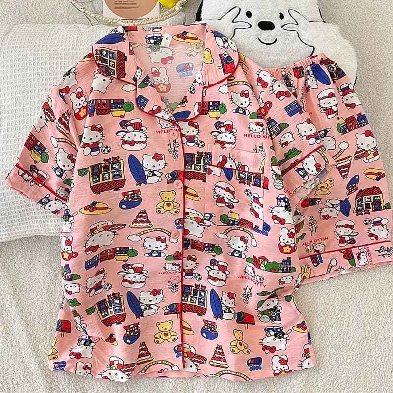 Pigiama in cotone Hello Kitty Cat Cloud da donna, estivo, con piccoli risvolti, maniche corte, pantaloncini, set loungewear dolce e carino per ragazza