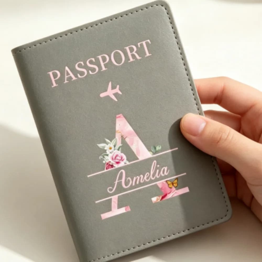 Customized Grey Passport Holder with Customizable Name,Supports Up to 26 Letters Printing, Portable Travel Unisex Travel Gift
