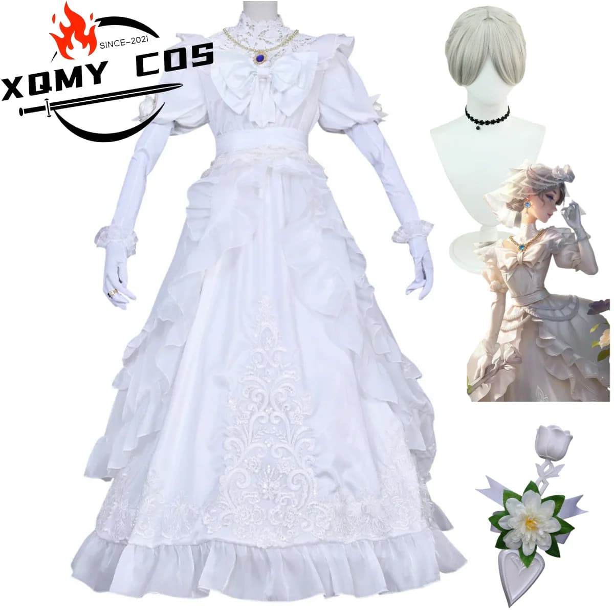 XQGame Identity V Mary Bloody Queen Costume Cosplay Regina Bloody Giorno Promesso Splendido abito da sposa bianco Parrucca Donna Abito sexy