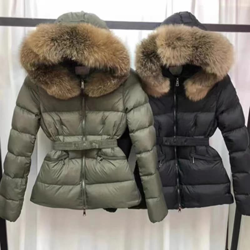 Piumino Corto Antivento da Donna Slim Fit con Cintura in Vita e Collo in Pelliccia, Imbottito in Piuma d'Oca Bianca, Stile Streetwear, Spesso