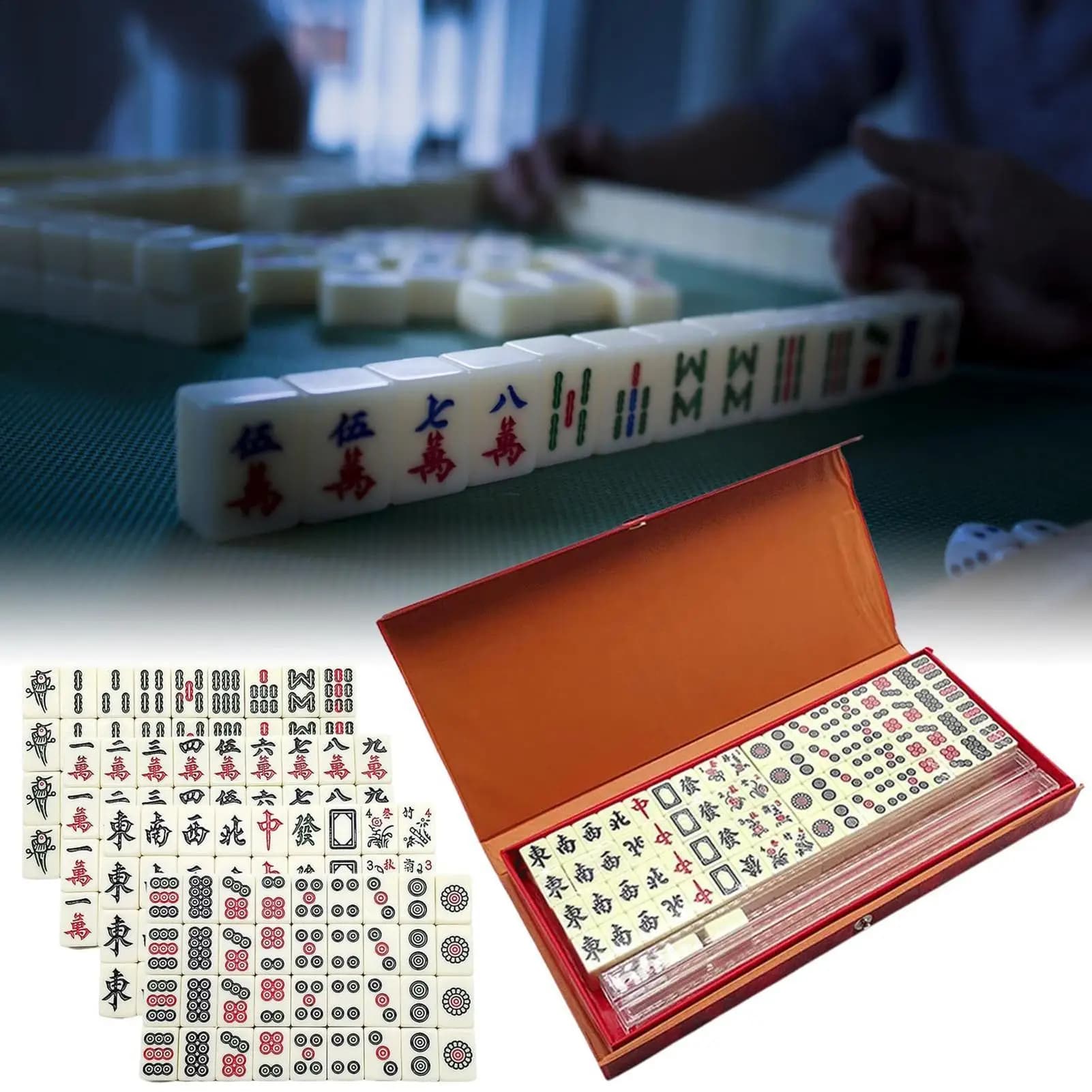 Set da gioco Mahjong con 144 tessere mini incise portatili per riunioni di famiglia, per giocare in stile cinese, per riunioni di famiglia e amici