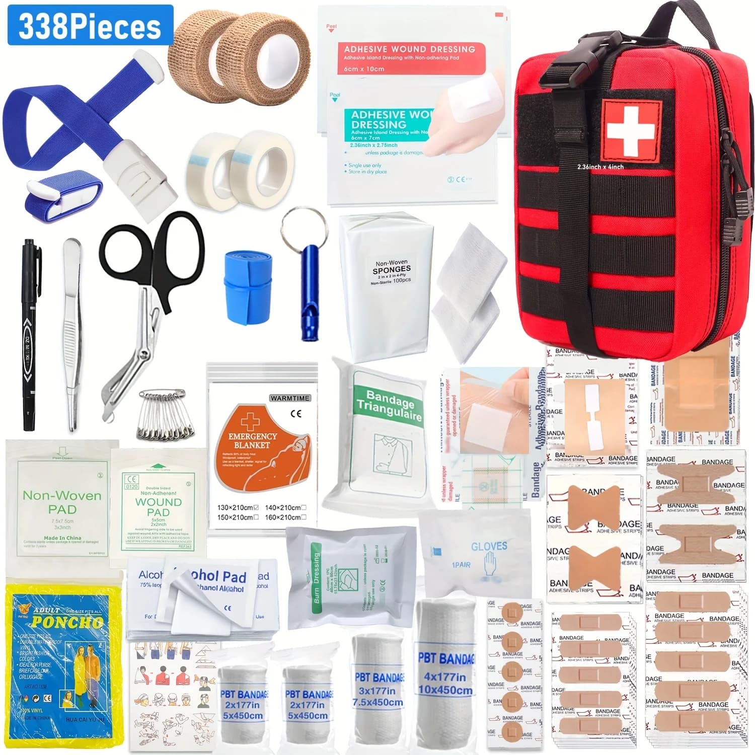 Borsa per kit di pronto soccorso da 338 pezzi, pacchetto di emergenza portatile leggero per viaggi, casa, ufficio, auto, escursionismo, campeggio, accessorio da caccia