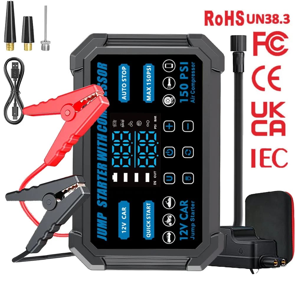 Compressore d'aria per avviamento di emergenza per auto 12V 2 in 1, booster batteria portatile, gonfiatore per pneumatici, power bank per emergenza veicolo