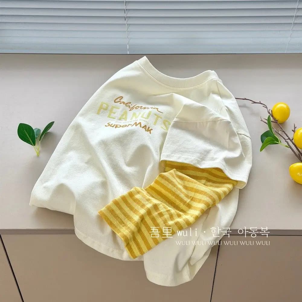 T-shirt a maniche lunghe a righe per bambini, nuovo stile primavera estate, top ampio per bambino e bambina con lettere applicate