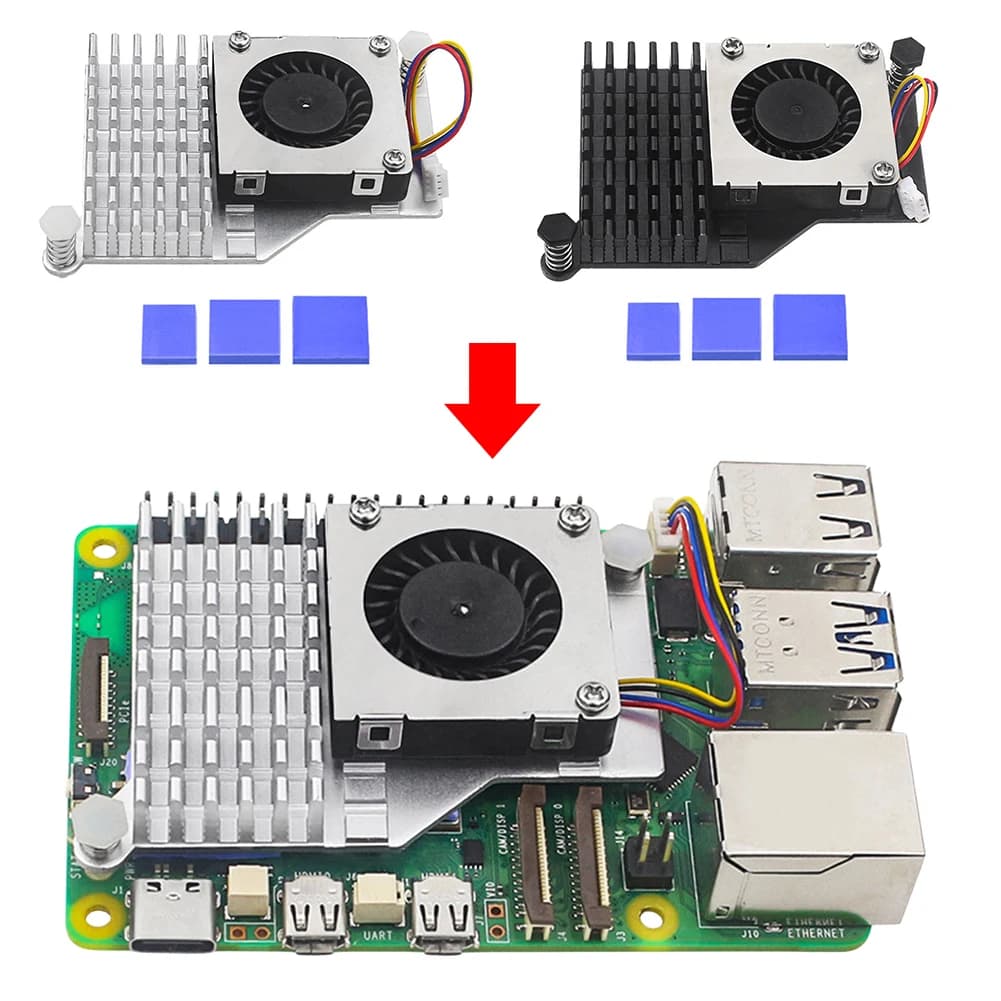 Active Metal Dissiper for Raspberry Pi 5 with Adjustable Speed Cooling Fan and Compatible Support