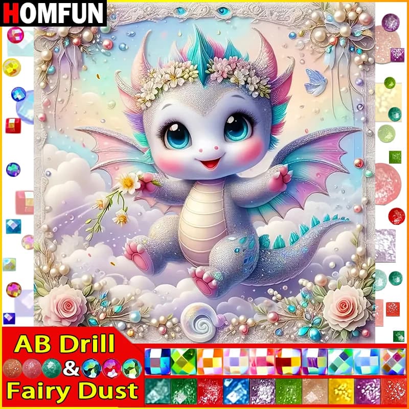 HOMFUN Fairy Dust AB Art 5D Diy Diamond Painting "Animal Dinosaur" Diamond Pictures Cross Stitch 3D Rhinestone Embroidery Decor