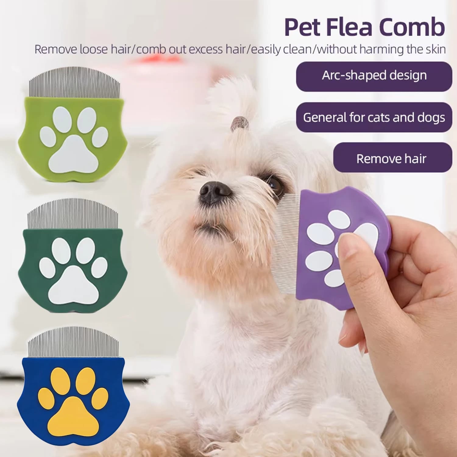 Pettine per toelettatura animali - Pettine antipulci per gatti e cani, design curvo per viso e corpo, mini spazzola districante per animali domestici