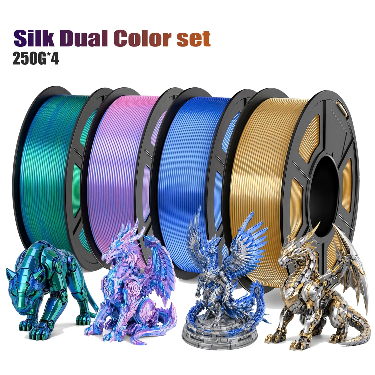 Dual Color Shiny Silk PLA 3D Filament 1.75mm Silver Blue 250g Cardboard Spool Dimensional Accuracy +/-0.03mm for FDM 3D Printers
