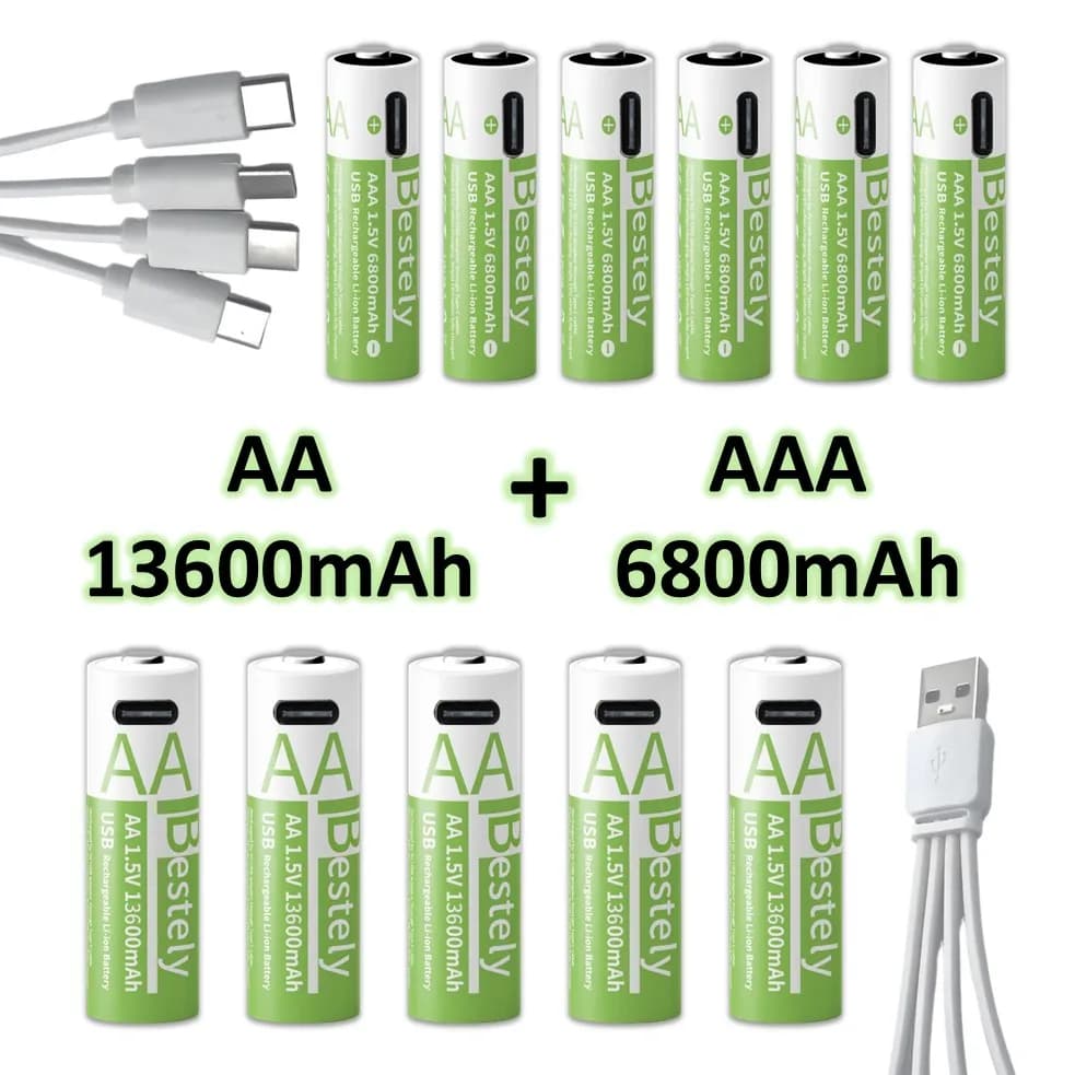 Batterie agli ioni di litio AA/AAA da 1,5 V 13600+6800 mAh Carica ultra veloce oltre 2000 cicli con cavo USB-C gratuito per giocattoli, telecomandi, fotocamere