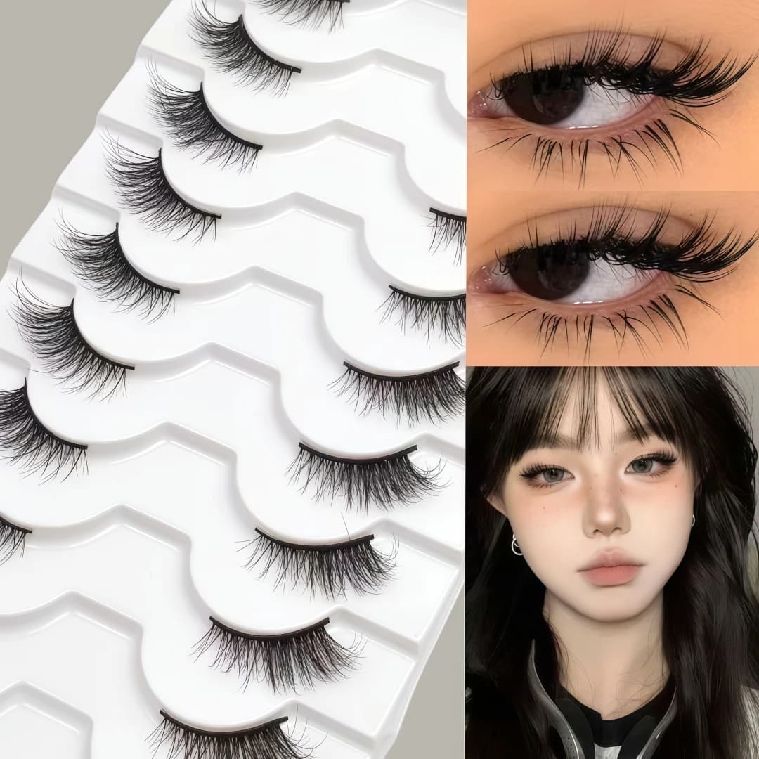10 Pairs of Half-Strip False Eyelashes with Black Band, Light European-Style Realistic False Eyelashes, Mixed-Race Little Cat Ey