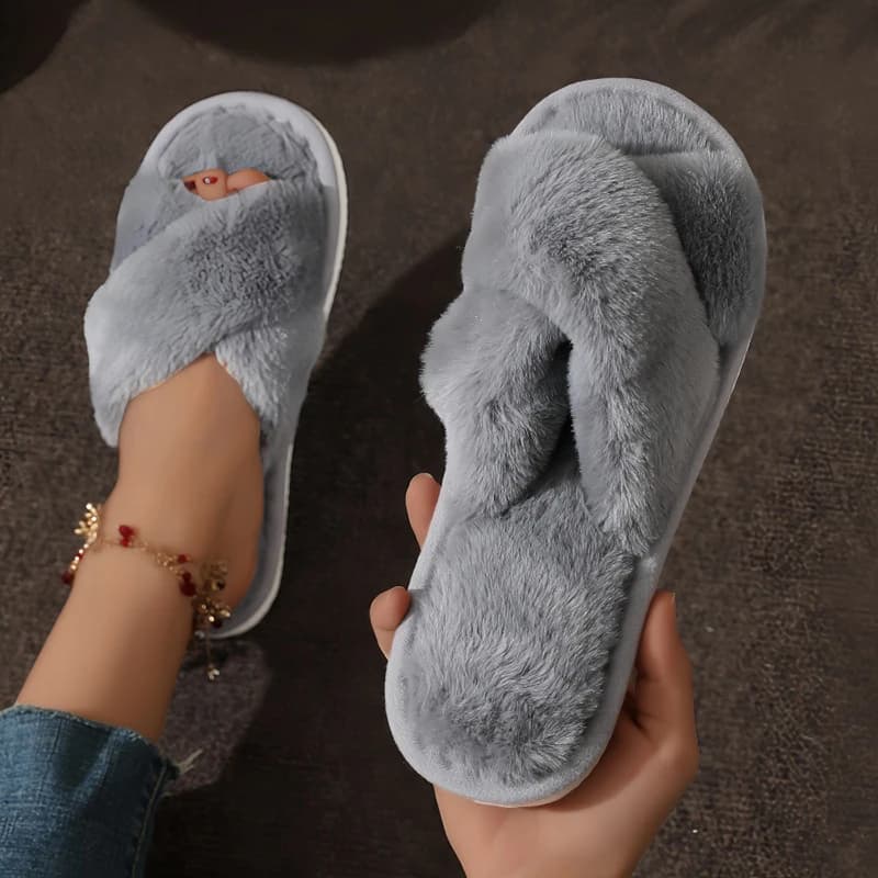 Ciabatte da donna calde e soffici in pelliccia, leggere, con tacco piatto, antiscivolo, a punta aperta, per casa, autunno inverno