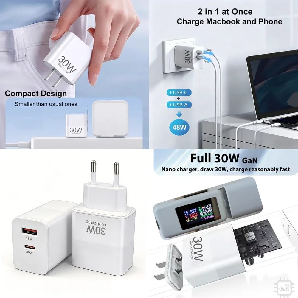 30W Type C Charger PD Fast Charging USB C Dual Port Wall Adapter USB A QC 3.0 Quick Charge Plug for iPhone Samsung Xiaomi iPad