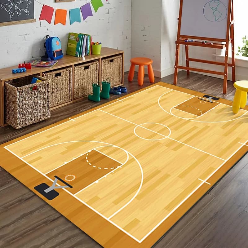 Tappeto a Tema Sportivo con Pista da Corsa, Campo da Basket e Campo da Calcio, Tappetino per Bambini, Decorazione per la Casa, Tappeto Antiscivolo per Camera da Letto