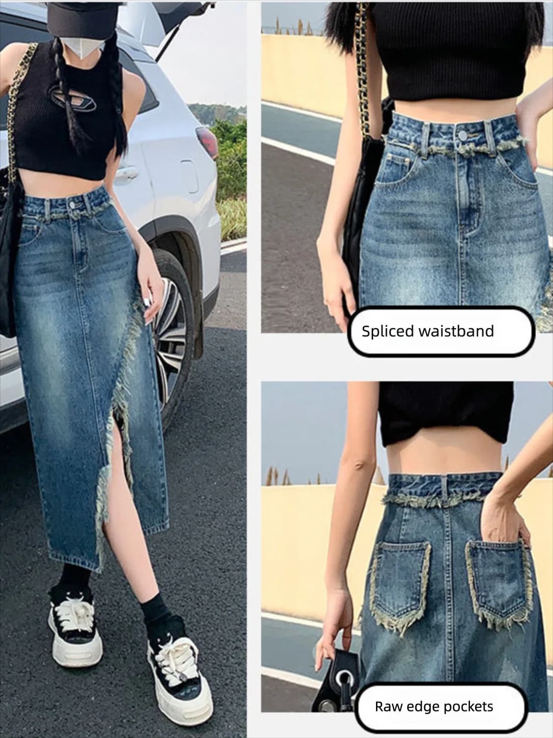 Gonna in denim da donna a vita alta, modello A-Line, lunghezza midi, con spacco alto, orlo grezzo, effetto distressed, stile vintage, skort in jeans, streetwear Y2K