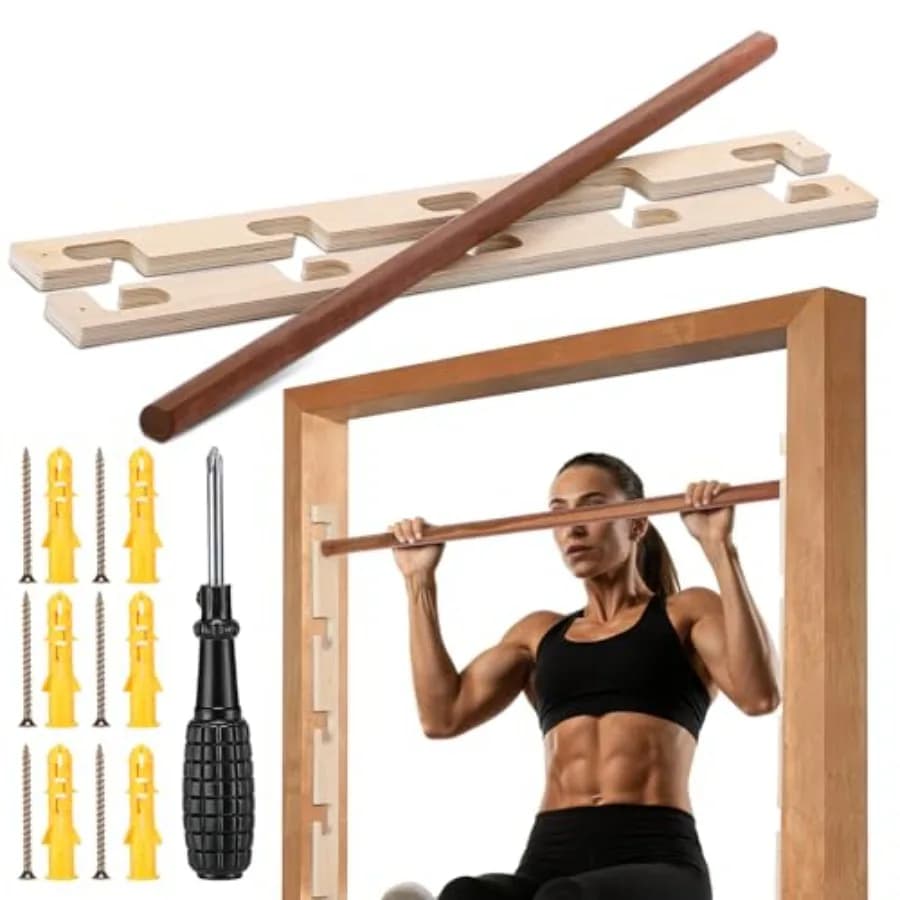 Doorway Pull-up Bar Sets for home gym use, wooden material, black color, adjustable 5 levels with 2 door frames and 6 heavy-dut