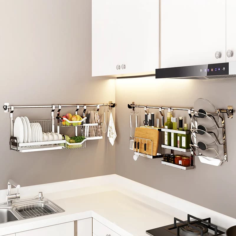 Wall Mountes Kitchen Organizer 304 Stainless Steel Plate Storage Shelf Utensil Hanging Rod with Hooks Space Saving Drying Rack