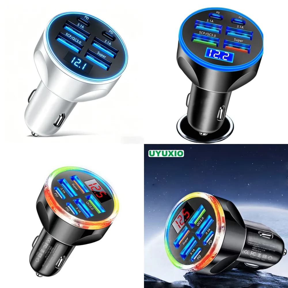 Fast Charge USB Car Charger Type C 6 in 1 Multi Port Adapter with Volt Meter for iPhone Trending Products 2026 New Arrivals