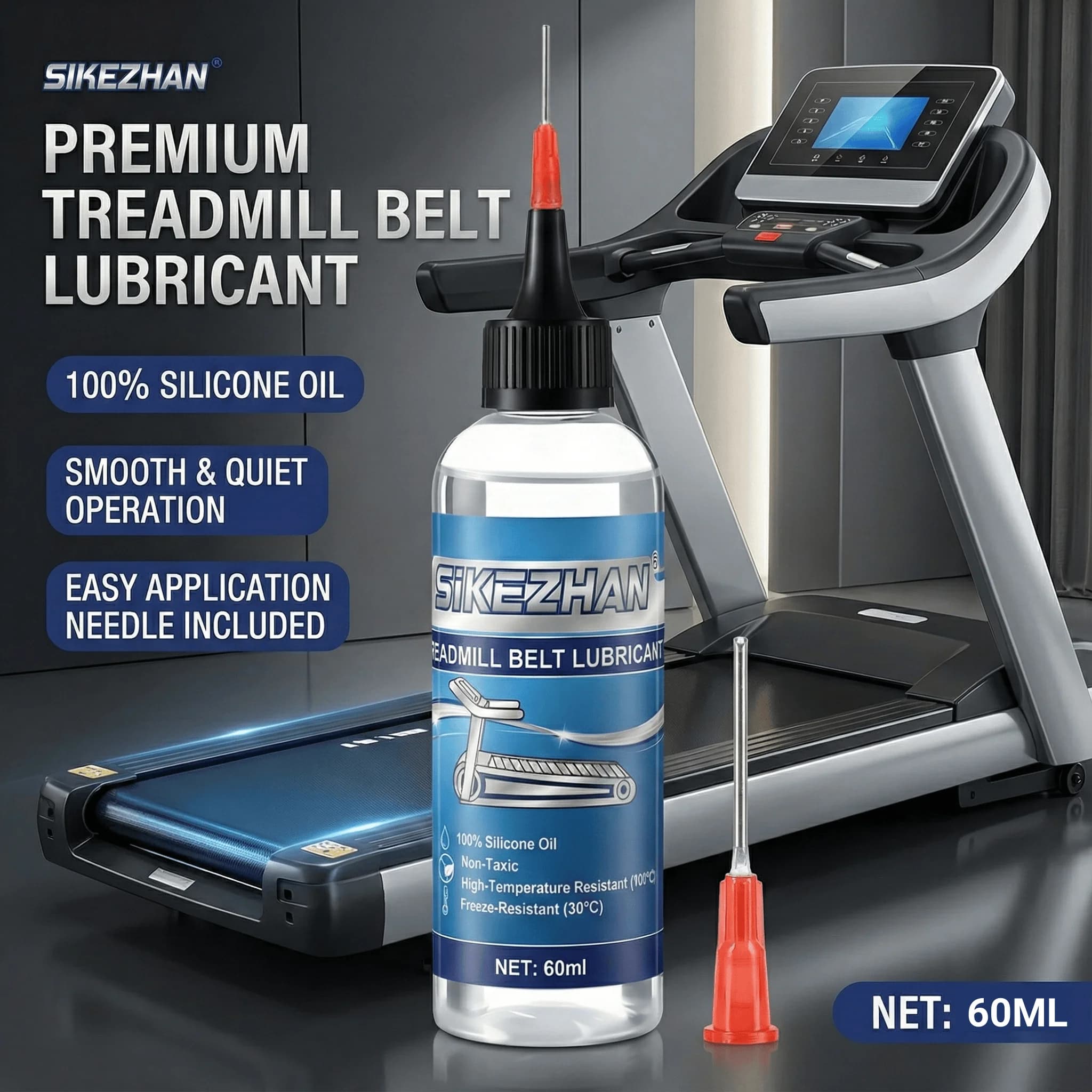 Universal lubricant for belt treadmill 2 ounces 100% silicone oil. Reduces friction and noise. Maintenance lubricant for gym racing machines