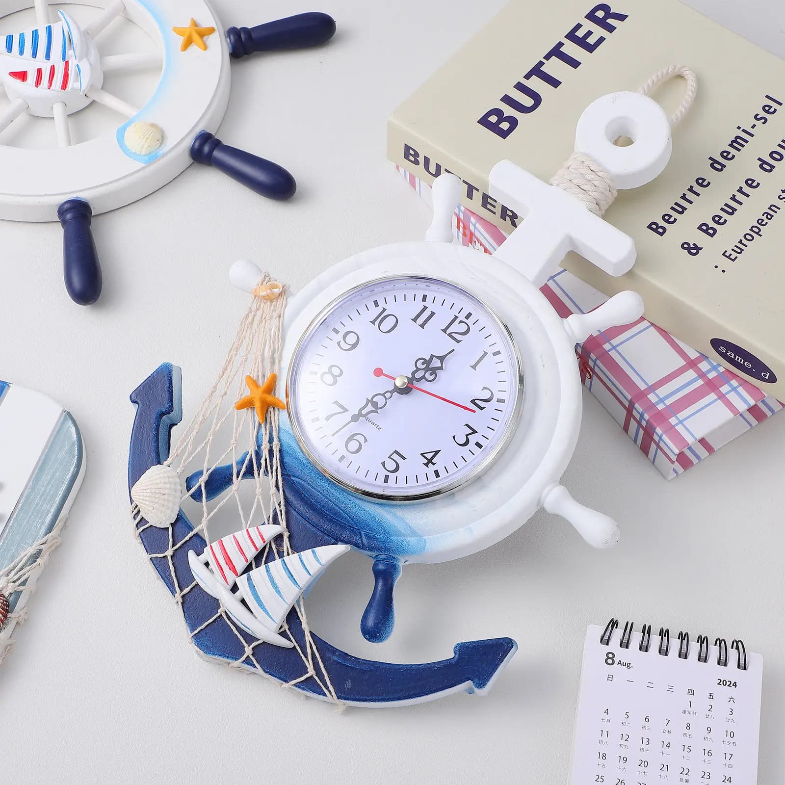 Orologio da Parete a Forma di Ancora, in Legno e Plastica, Stile Mediterraneo con Design a Barca a Vela, per Soggiorno e Camera da Letto