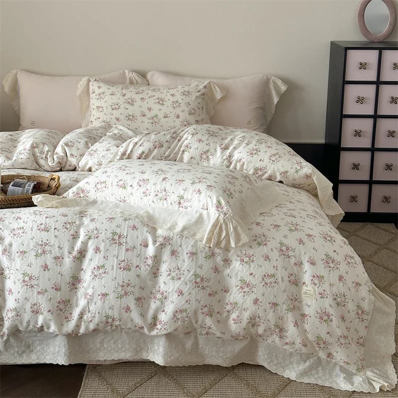 Coreano stile principessa fiori stampe volant in pizzo doppio strato filato 100% cotone set biancheria da letto copripiumino lenzuolo federe