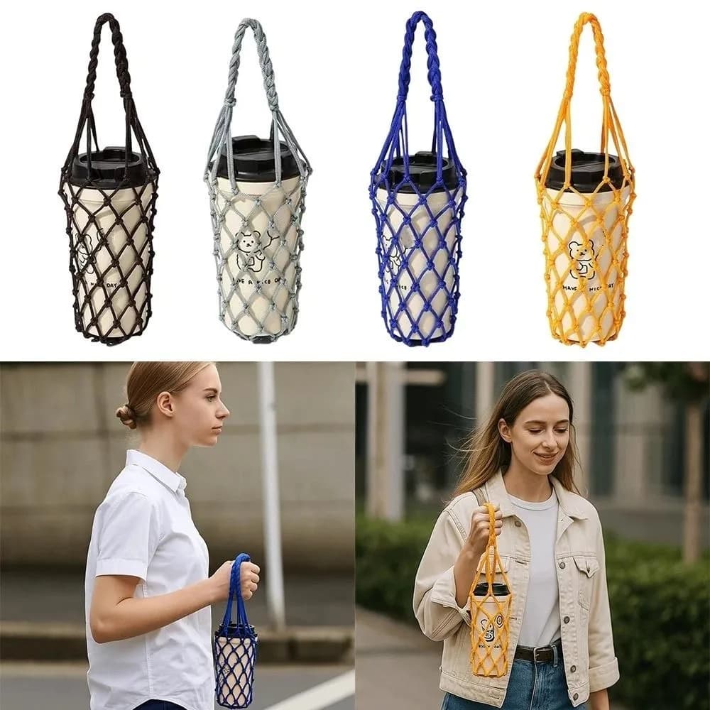 Borsa decorativa in rete intrecciata a mano, borsa per bevande riutilizzabile scavata, borsa per tazze d'acqua