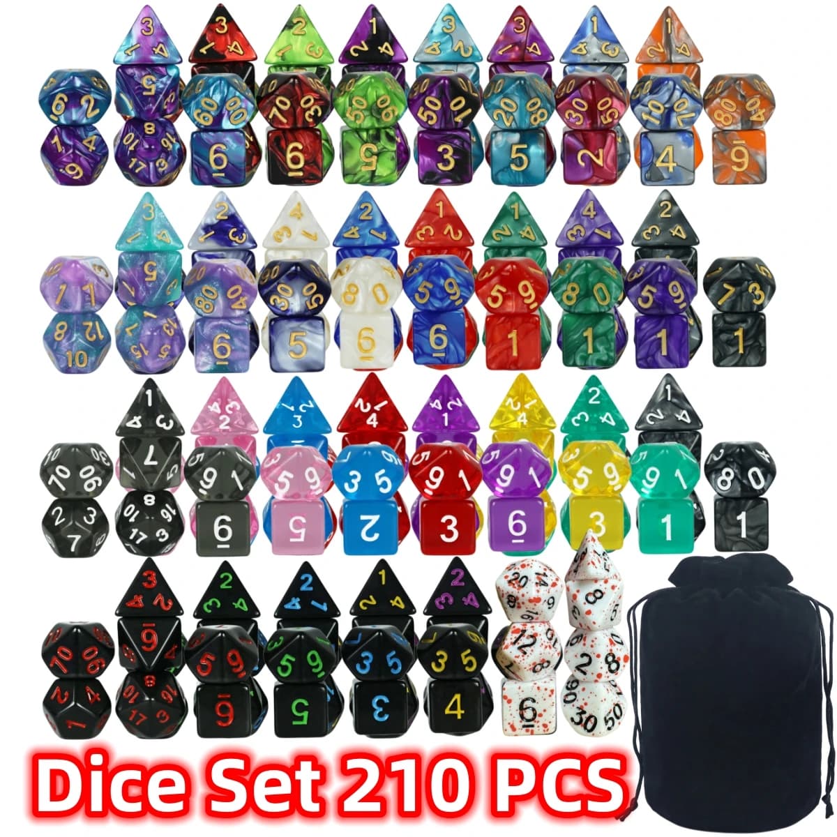 Giochi di dadi Set di dadi poliedrici Set di dadi misti di alta qualità Set multipli meravigliosi con borsa in velluto per gioco DND Gioco da tavolo RPG