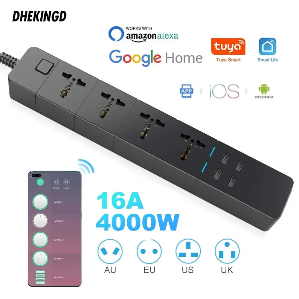 WIFI Smart Power Strip Universal works with Alexa Googlehome Multi Plug four socket 4AC 4USB 16A Voice Against UK/EU/US/AU