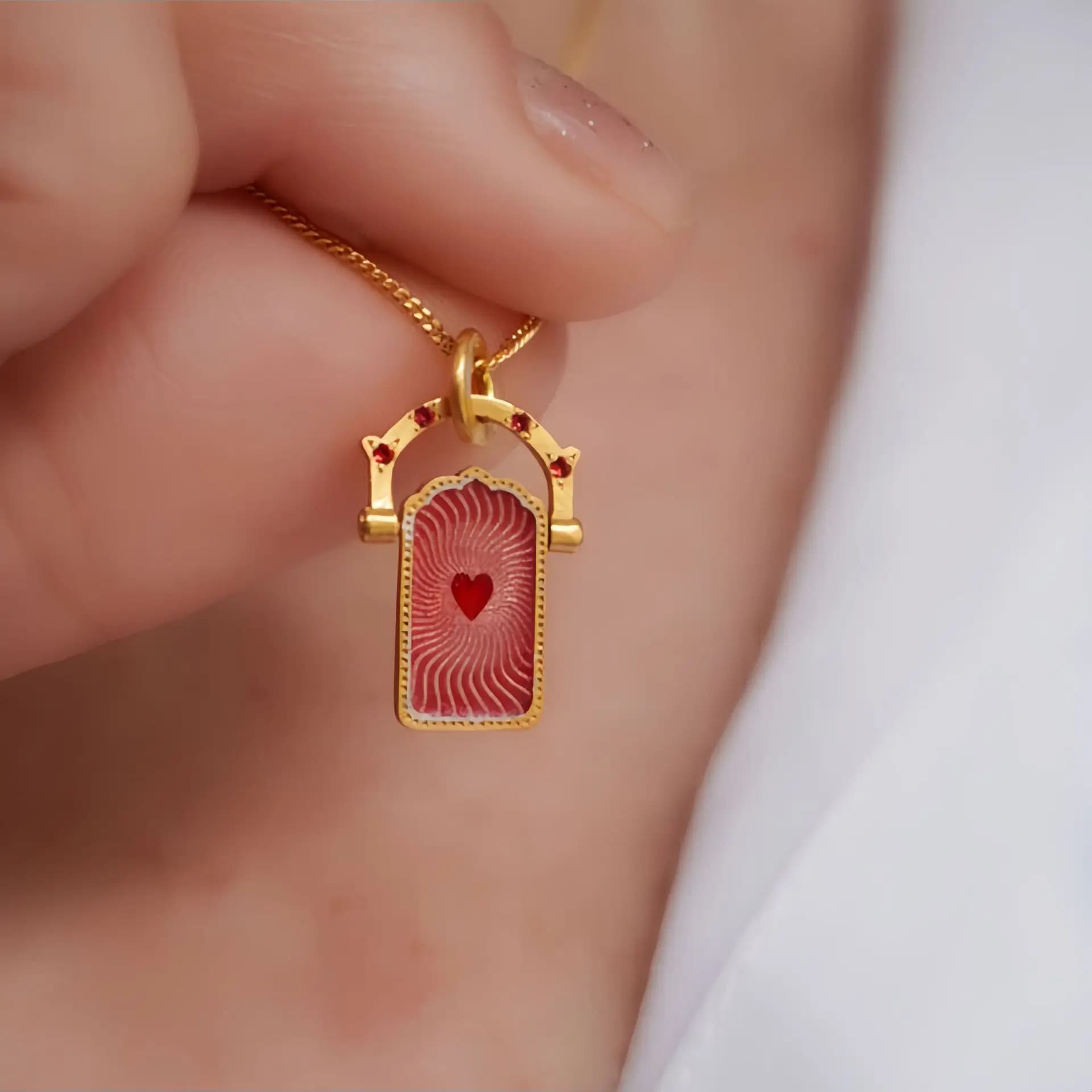 Vintage Enamel Tarot Card Pendant Necklace Heart Spade Crystal Arch Frame Women Neck Jewelry
