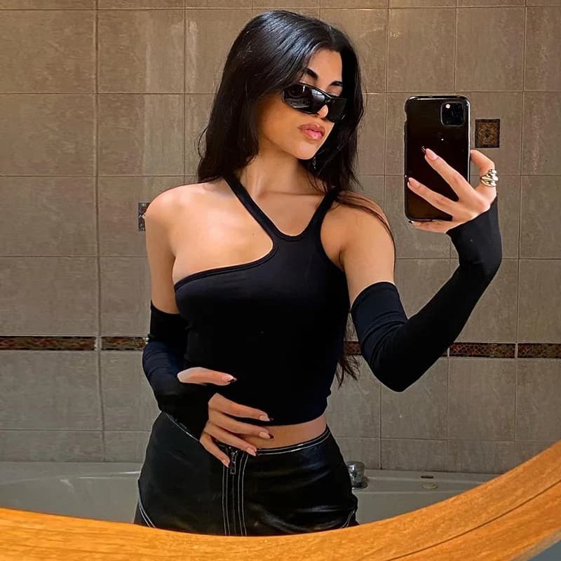 T-shirt con maniche rimovibili tinta unita slim casual moda autunnale per donna nuovo streetwear top femminile basic selvaggio caldo