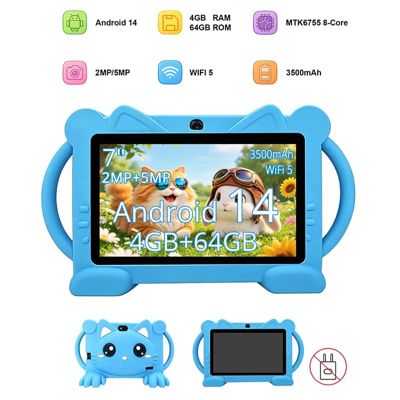 7 Inch Kids Tablet Android 14 4GB 64GB 3500mAh Eye Protection Dual Camera WiFi Bluetooth Portable Children Study Tablet