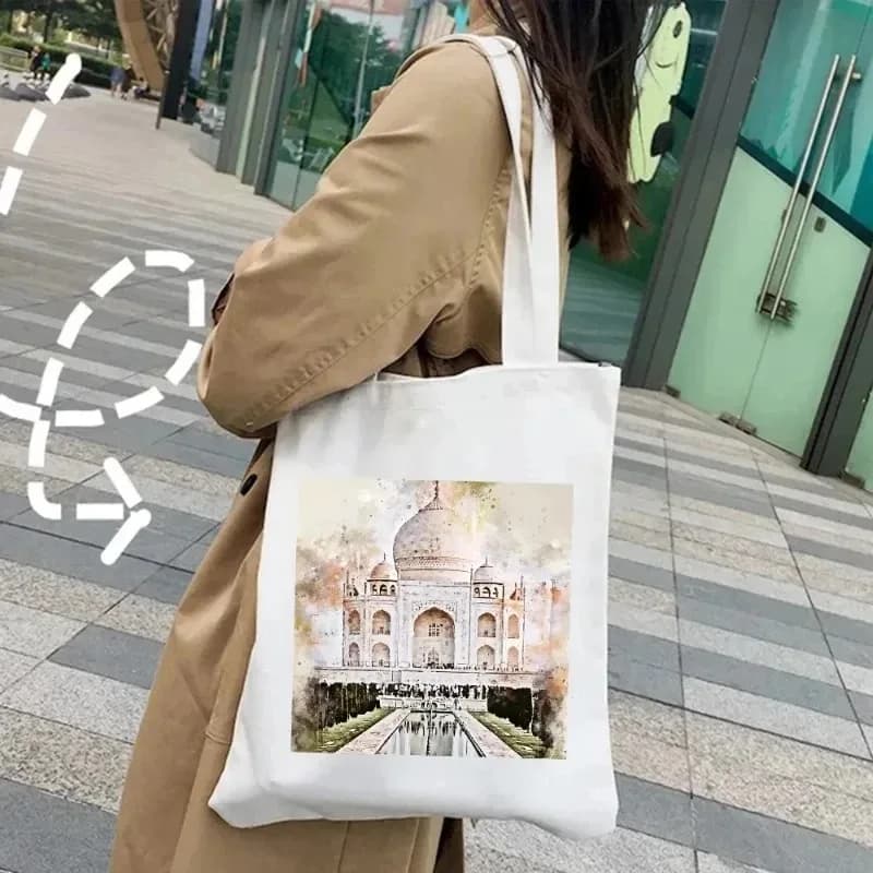 Borsa a tracolla London Madrid Cairo Budapest Venezia Sydney Borsa a mano in tela da donna per acquerello Borsa per la spesa ambientale