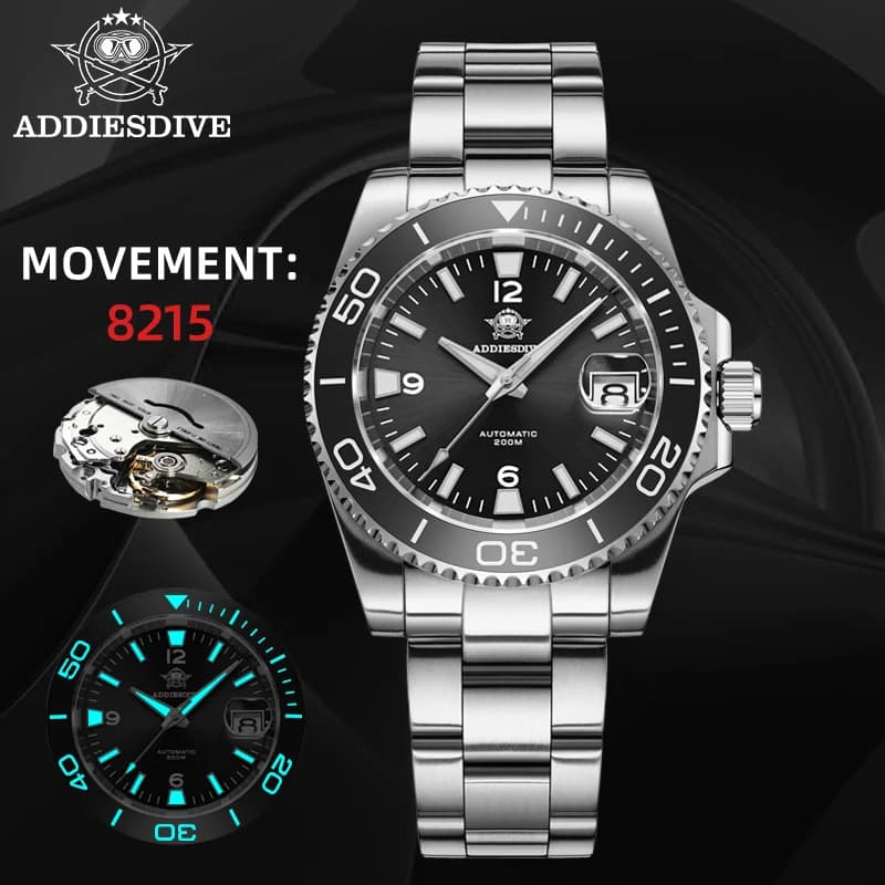 ADDIESDIVE Luxury Men's Automatic Watch with Sapphire Crystal Date Display 200m Water Resistance and BGW9 Luminous Dive Watch