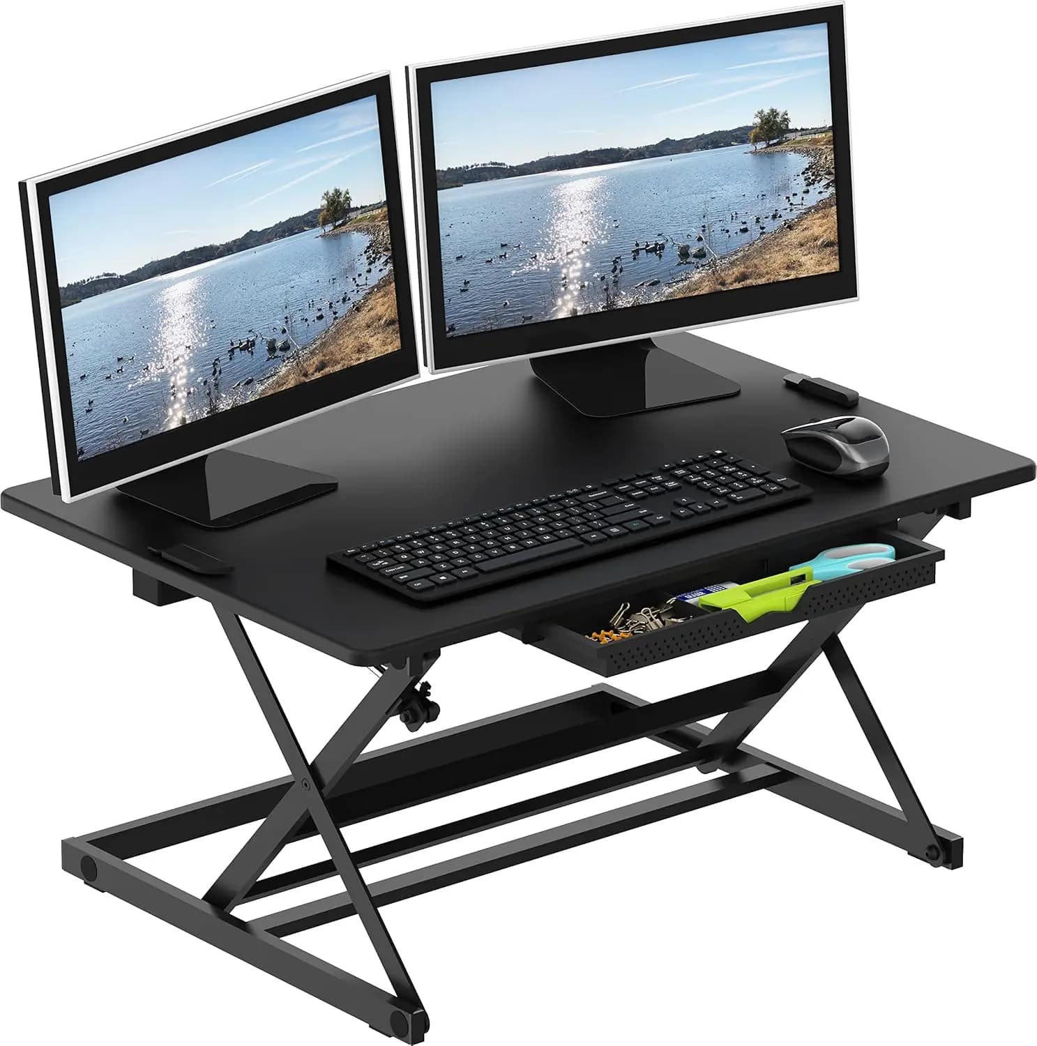 Convertitore per Scrivania Regolabile da 32 Pollici con Cassetto, Postazione di Lavoro Ergonomica per Monitor Doppi