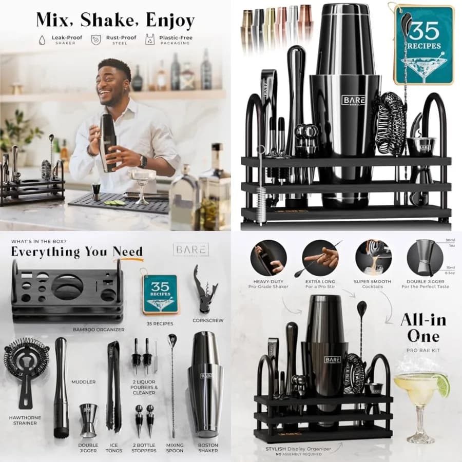 Set da Barman per Mixology, Kit da 14 Pezzi con Shaker per Cocktail, Utensili per Martini e Miscelazione, per Bar Domestico, 35 Carte Ricetta