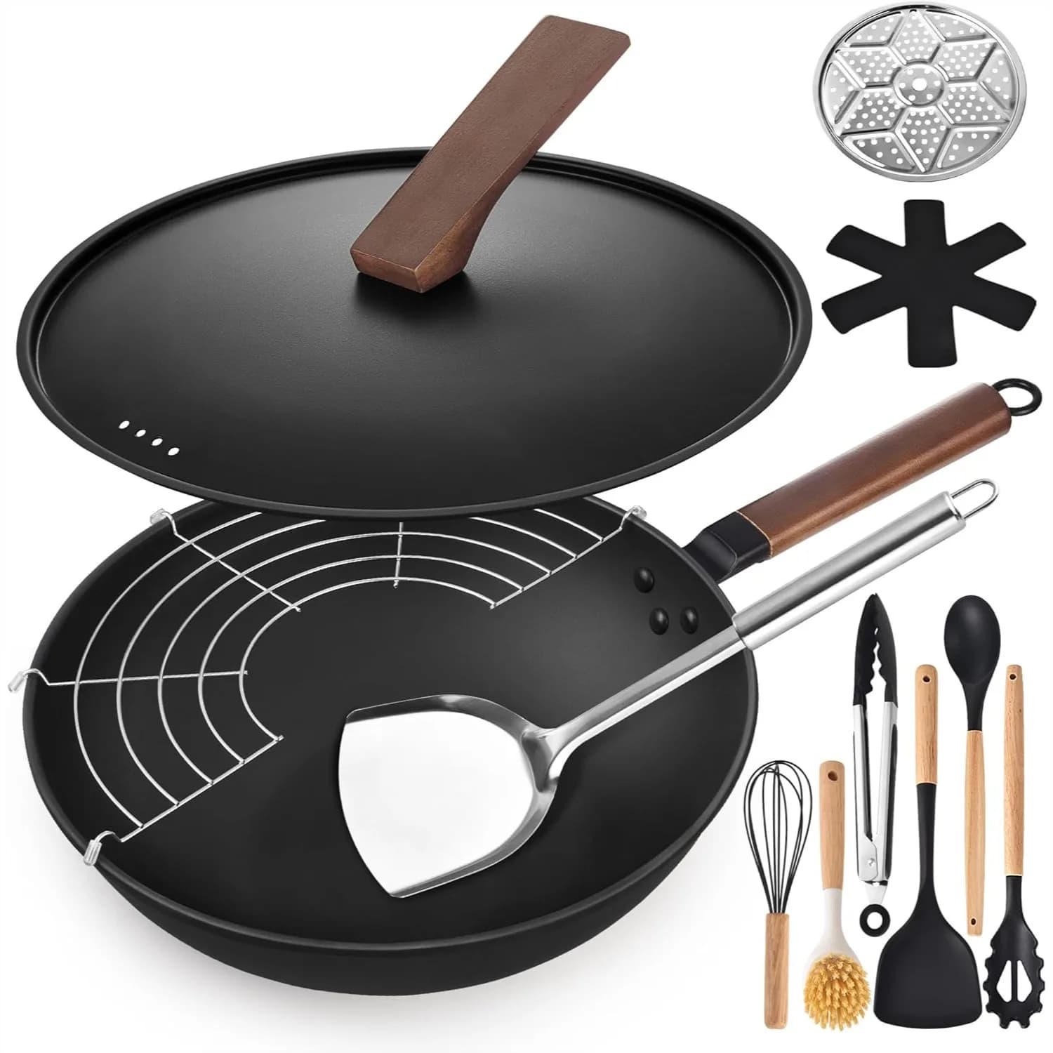 Set Wok in Acciaio al Carbonio da 13'', Padella per Stir-Fry da 12 Pezzi con Coperchio e Utensili da Cucina, Fondo Piatto per Tutti i Tipi di Fornelli