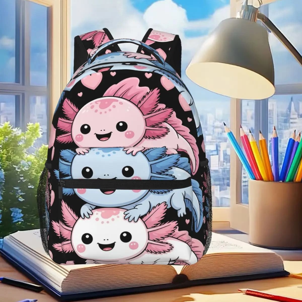 Zaino colorato arcobaleno con axolotl impilati, per studenti, ragazzi e ragazze, borsa per libri, borsa da scuola per bambini, borse a tracolla per laptop, per uomini e donne