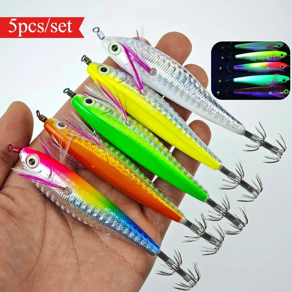 5pcs Glow Squid Jig Hook UV Shrimp Fishing Lure Cuttlefish Fishing Accessories Saltwater Fishing Squid Jig Hooks