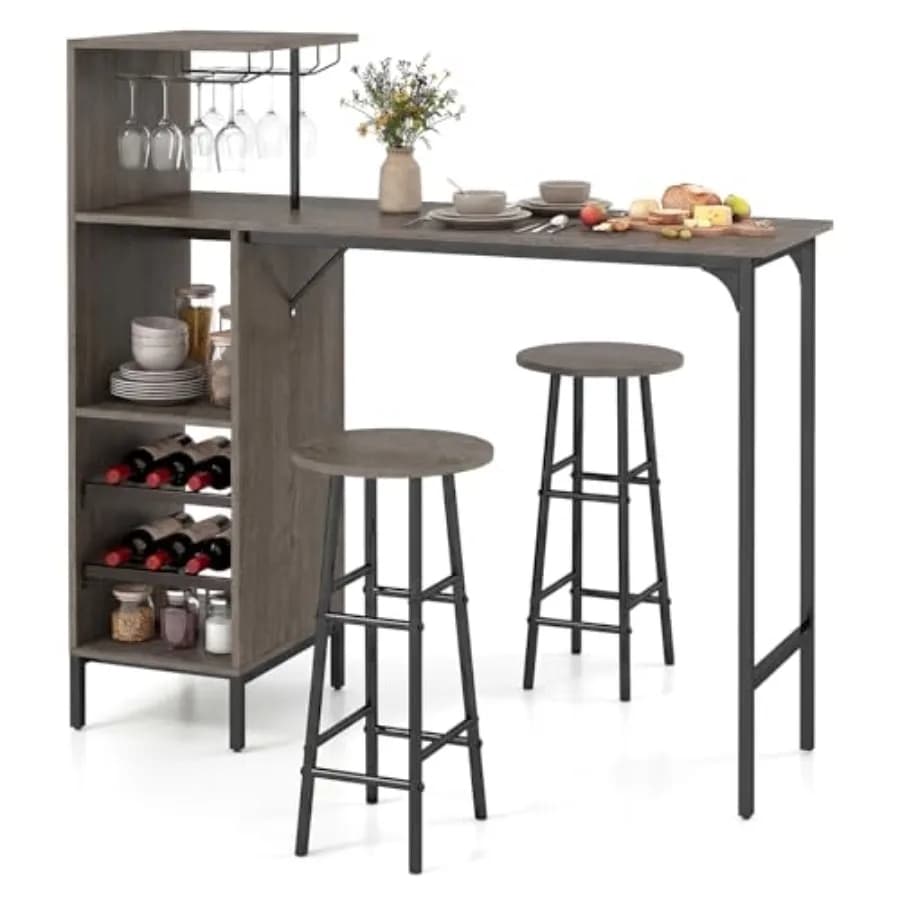 Set tavolo e sgabelli da bar per cucina, bancone, sala da pranzo, ristorante; in legno di quercia grigio; include portabicchieri e portabottiglie a 2 livelli.