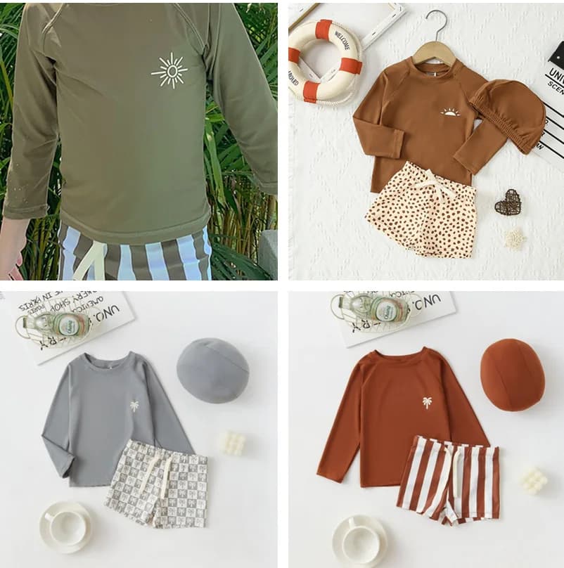 Two-piece swimsuit for children 2026 with hood, for boys and girls, long sleeved, printed, for summer, children's beachwear