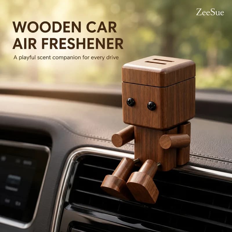 Cute Wooden Robot Car Air Freshener, Vent Clip Fragrance Diffuser for Auto Interior Dashboard Decor