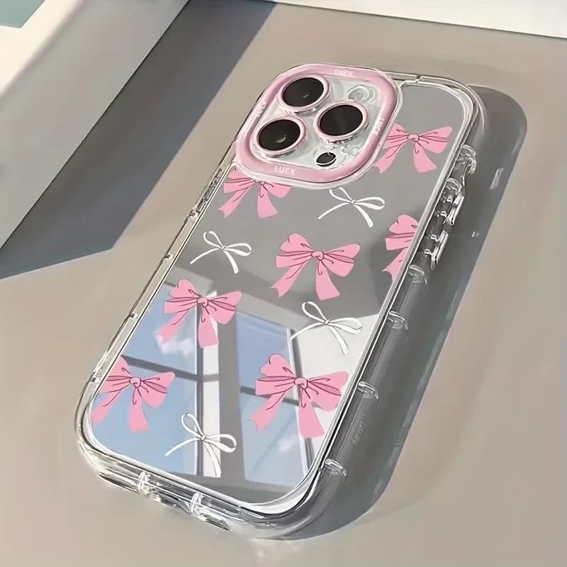 Phone case with makeup mirror, blue and pink bow, nice and cute, for iPhone 17 AIR 16 15 14 13 12 11 Pro MAX XR XSMAX 7 8 Plus, Cover Y2K