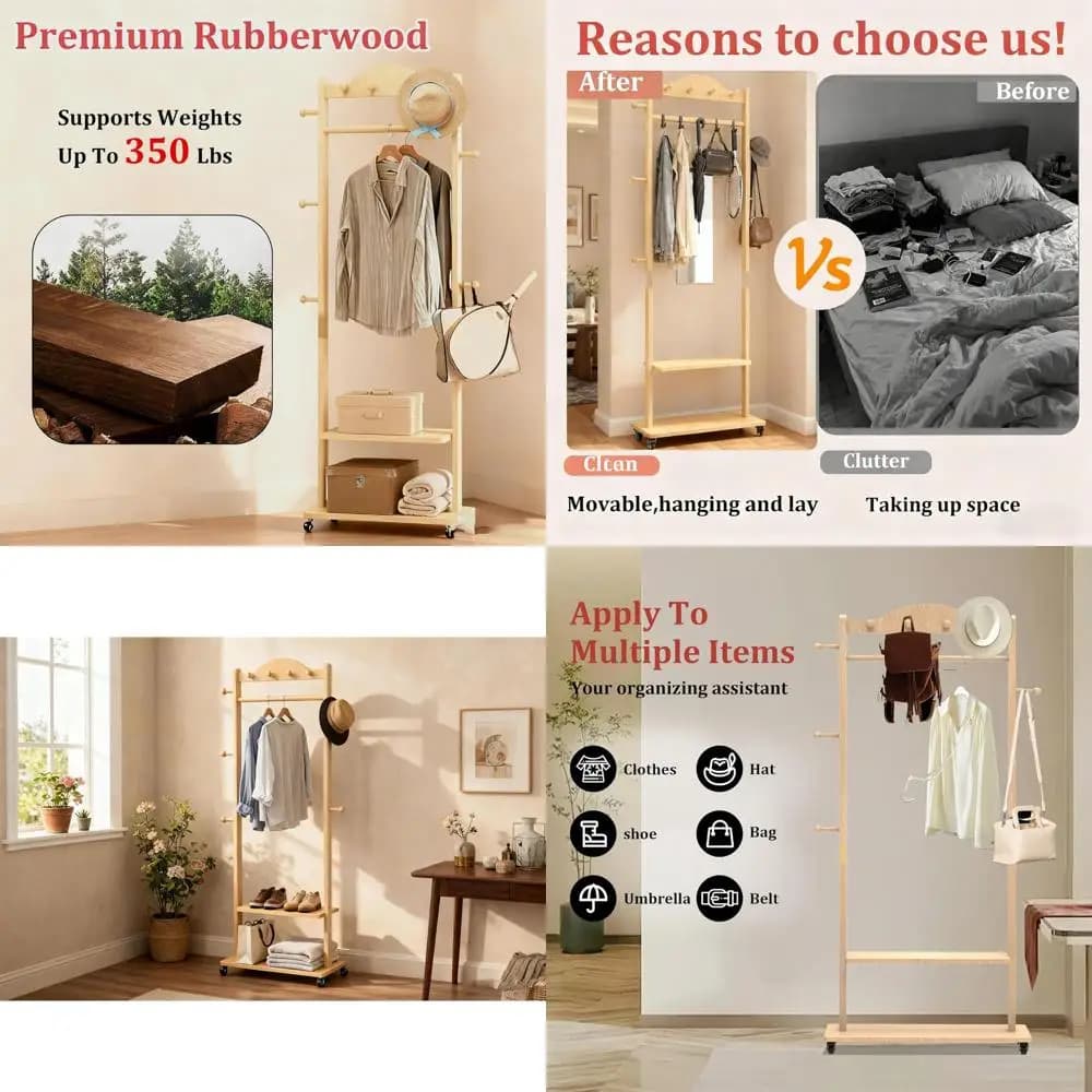 Clothes rack in Natural Wood for Bedroom, Living room and Entrance
